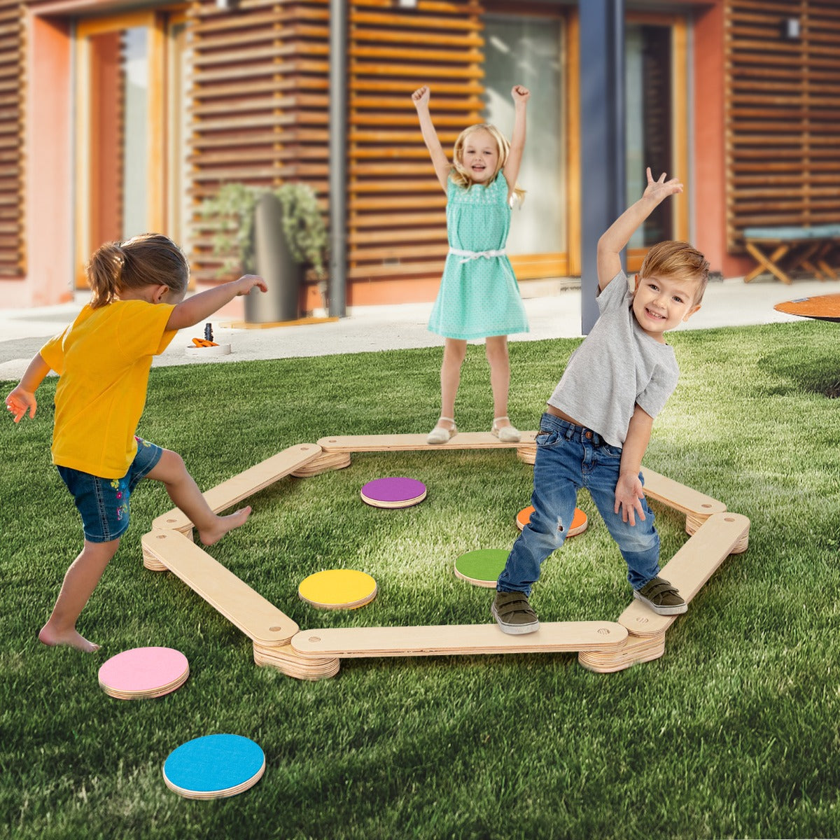 Barra de Equilibrio de Madera y Piedrecita Carrera de Obstáculos de Gimnasia para Niños Natural