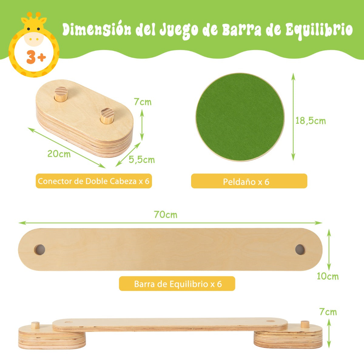 Barra de Equilibrio de Madera y Piedrecita Carrera de Obstáculos de Gimnasia para Niños Natural