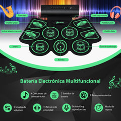 Kit de Batería Eléctrica de 9 Pads Kit de Batería Digital con 2 Pedales 2 Baquetas Toma de Auriculares Función MIDI Puerto USB y MP3