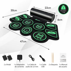 Kit de Batería Eléctrica de 9 Pads Kit de Batería Digital con 2 Pedales 2 Baquetas Toma de Auriculares Función MIDI Puerto USB y MP3