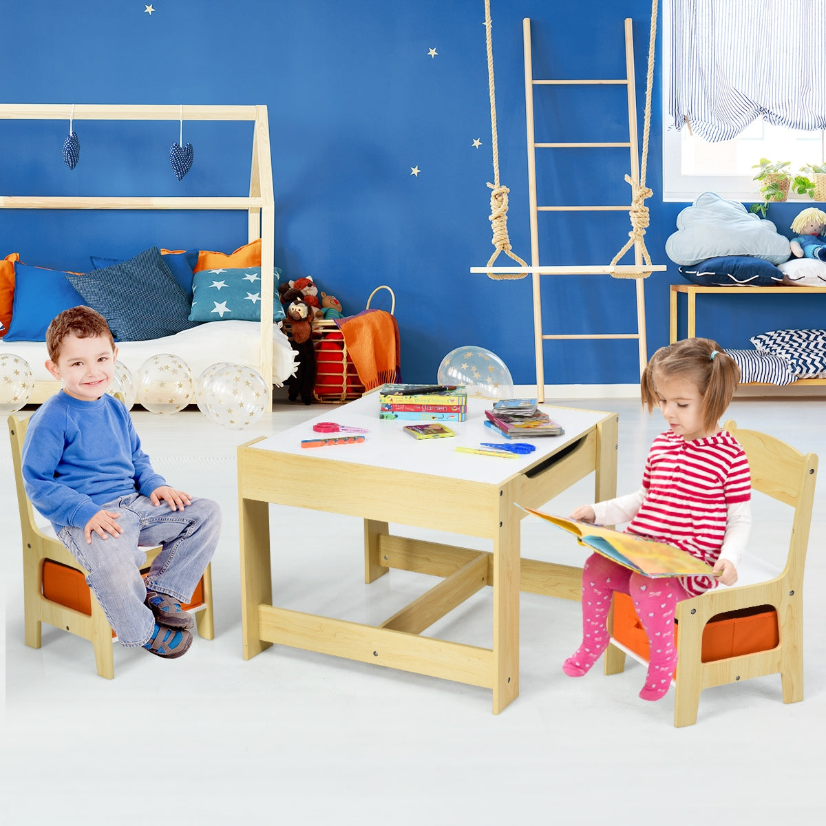 Juego de Mesa y 2 Silla para Niños de manera con Cajas de Almacenamiento Natural
