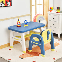 Set Mesa y Silla para Niños Forma de Dinosaurio Set Escritorio Actividades Artísticas y Estudio con Repisa y Bloques Azul y Amarillo
