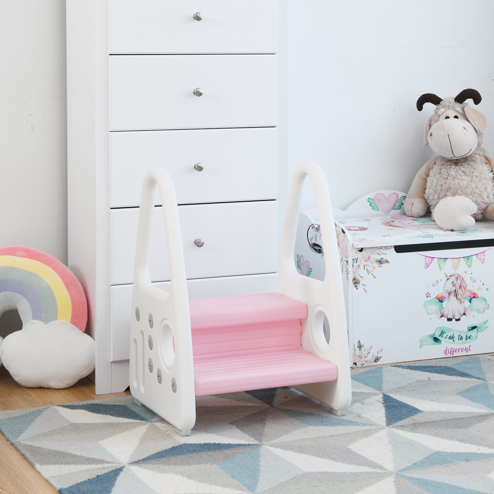 Taburete para Niños Escalera Multiuso con Diseño Antideslizante Reposabrazos Seguros Fácil de Montar Rosa 44 x 39,5 x 61 cm
