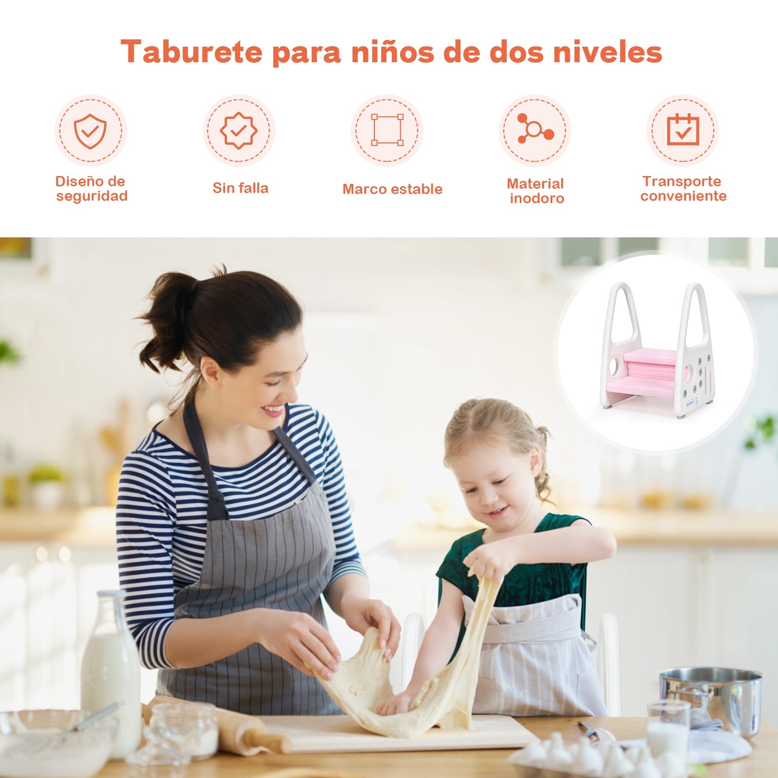 Taburete para Niños Escalera Multiuso con Diseño Antideslizante Reposabrazos Seguros Fácil de Montar Rosa 44 x 39,5 x 61 cm