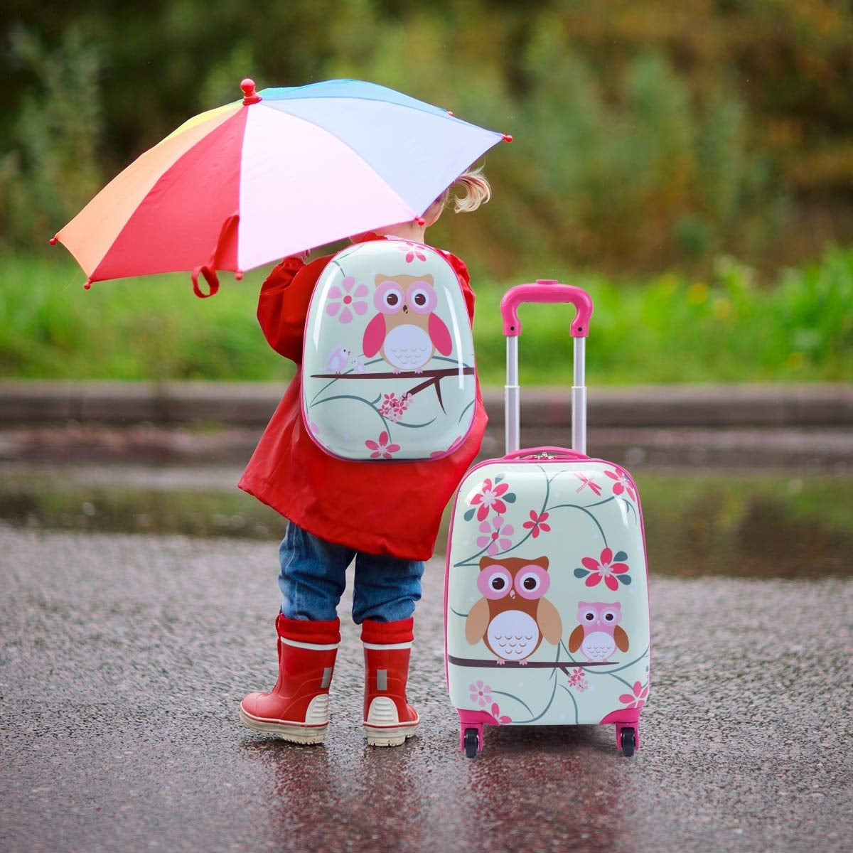 Conjunto de Maleta de viaje Búho para ninños 2 en 1 Lindo equipaje con ruedas con Mochila