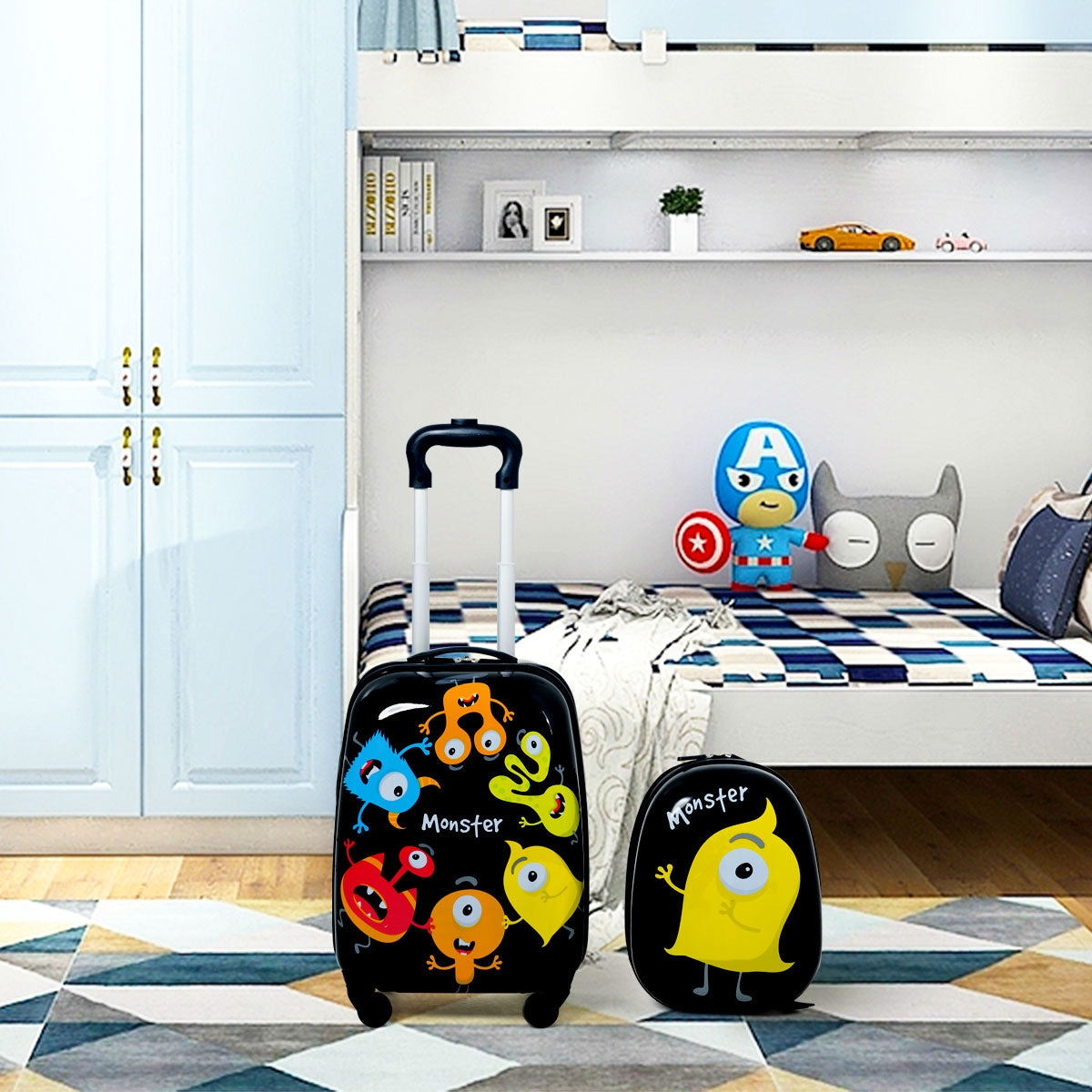 Negro Equipaje de Viaje para Niños Mochila Maleta para Infantil Cáscara Dura con 4 Ruedas Giratorias