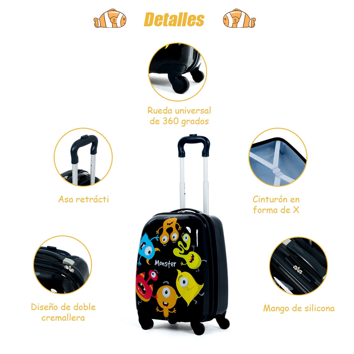 Negro Equipaje de Viaje para Niños Mochila Maleta para Infantil Cáscara Dura con 4 Ruedas Giratorias