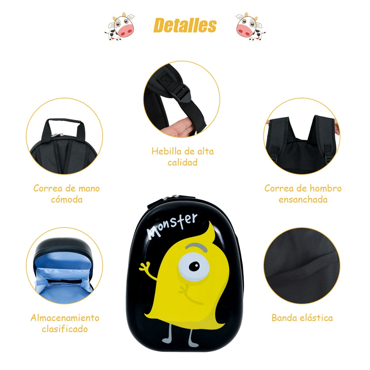 Negro Equipaje de Viaje para Niños Mochila Maleta para Infantil Cáscara Dura con 4 Ruedas Giratorias