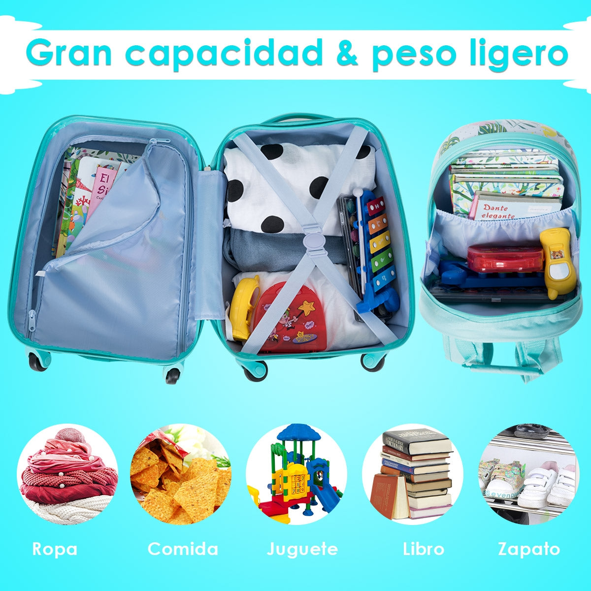 Azul Equipaje de Viaje para Niños Mochila Maleta para Infantil Cáscara Dura con 4 Ruedas