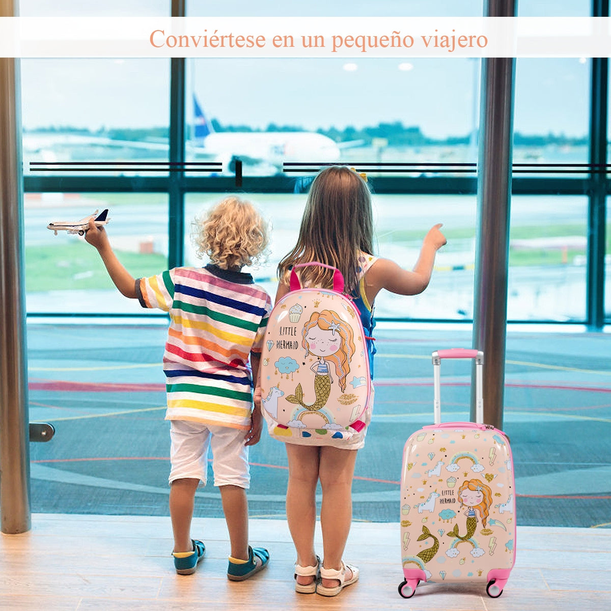Juego de Mochila y Maleta de Viaje Infantil Juego de Equipaje de Cabina de Sirena con Ruedas para Niños con Manija Ajustable