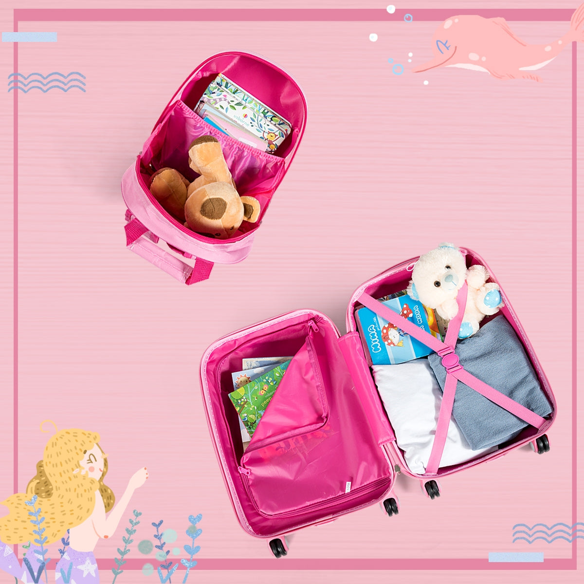 Juego de Mochila y Maleta de Viaje Infantil Juego de Equipaje de Cabina de Sirena con Ruedas para Niños con Manija Ajustable
