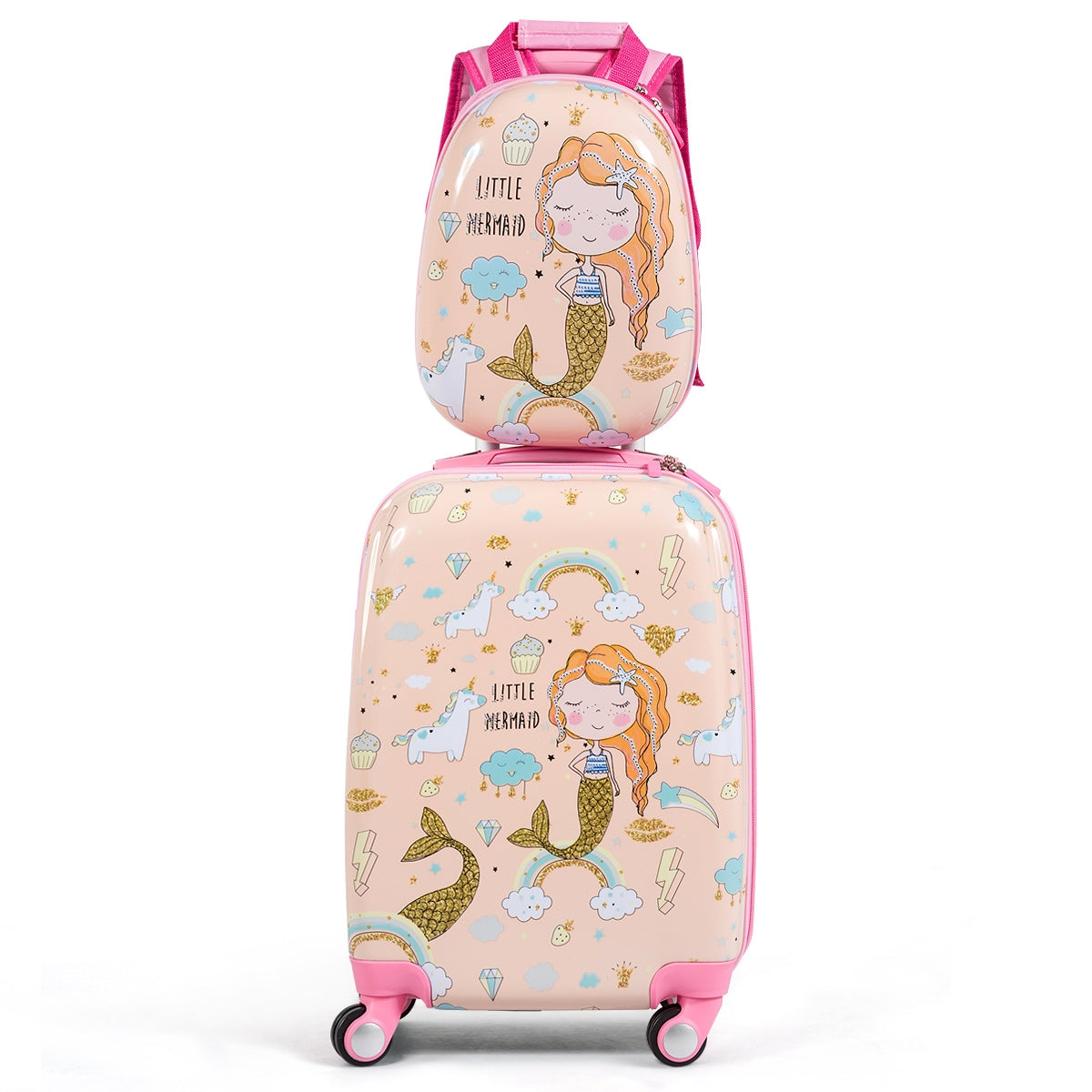 Juego de Mochila y Maleta de Viaje Infantil Juego de Equipaje de Cabina de Sirena con Ruedas para Niños con Manija Ajustable