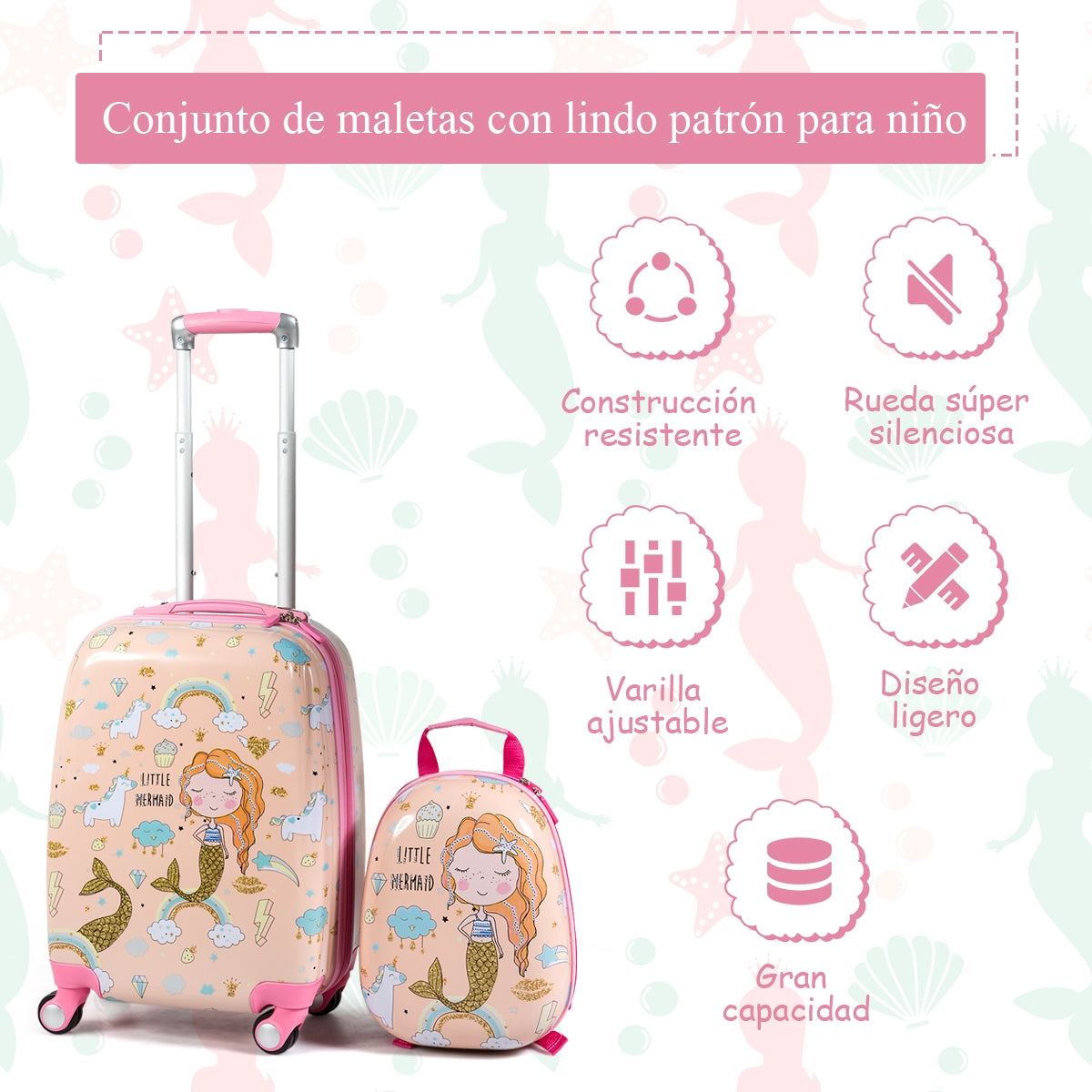 Juego de Mochila y Maleta de Viaje Infantil Juego de Equipaje de Cabina de Sirena con Ruedas para Niños con Manija Ajustable