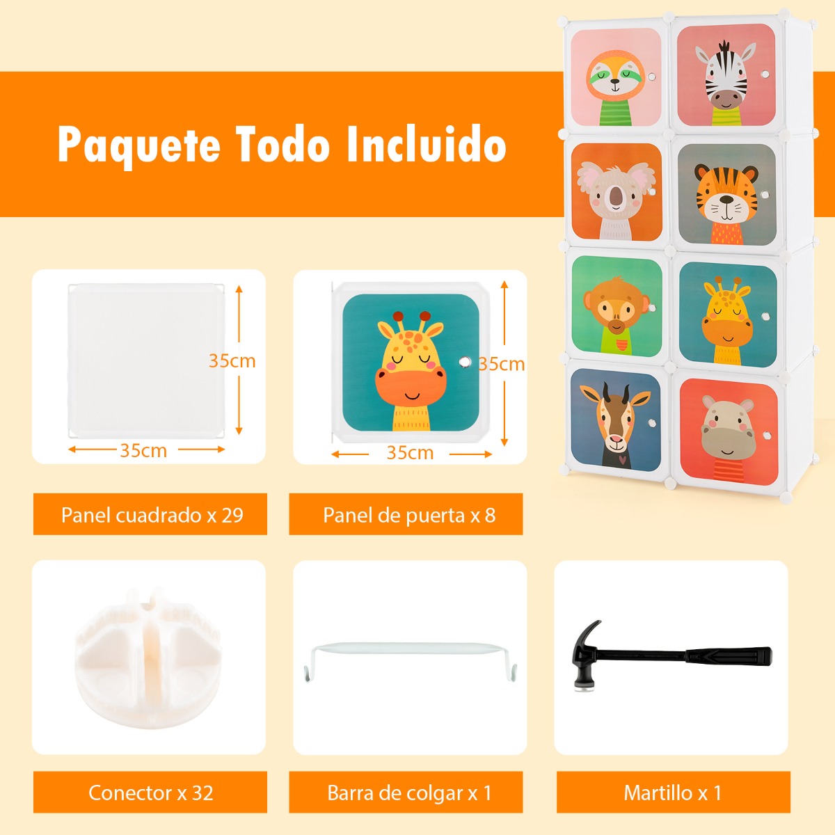 Armario Modular Infantil Portátil de 8 Cubos con Dibujos Animados Organizador de Almacenamiento para Juguetes 75 x 35 x 145 cm Blanco