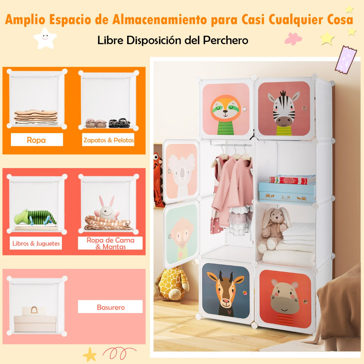 Armario Modular Infantil Portátil de 8 Cubos con Dibujos Animados Organizador de Almacenamiento para Juguetes 75 x 35 x 145 cm Blanco