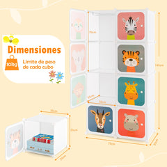 Armario Modular Infantil Portátil de 8 Cubos con Dibujos Animados Organizador de Almacenamiento para Juguetes 75 x 35 x 145 cm Blanco
