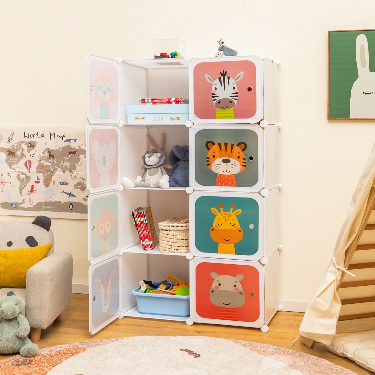 Armario Modular Infantil Portátil de 8 Cubos con Dibujos Animados Organizador de Almacenamiento para Juguetes 75 x 35 x 145 cm Blanco
