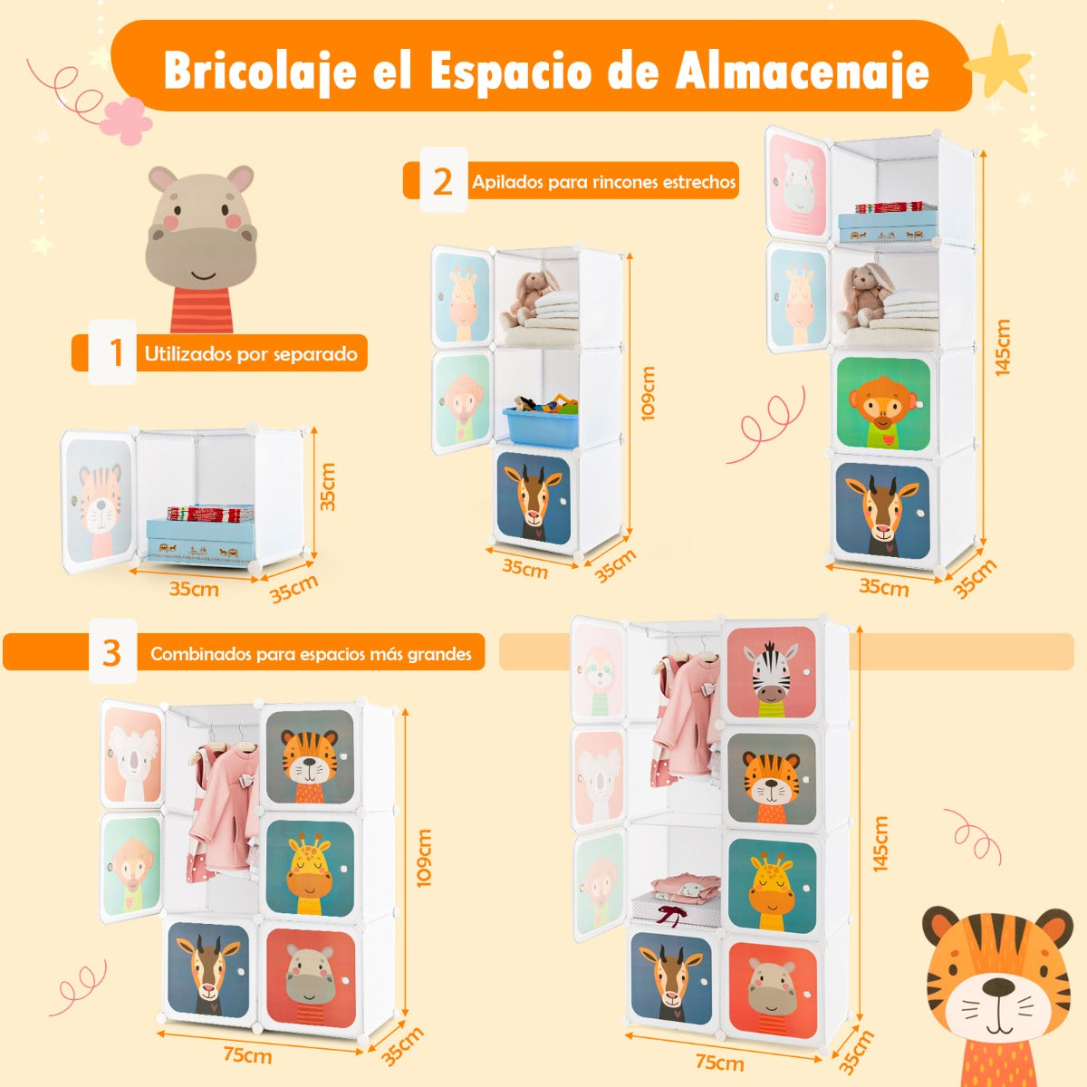Armario Modular Infantil Portátil de 8 Cubos con Dibujos Animados Organizador de Almacenamiento para Juguetes 75 x 35 x 145 cm Blanco