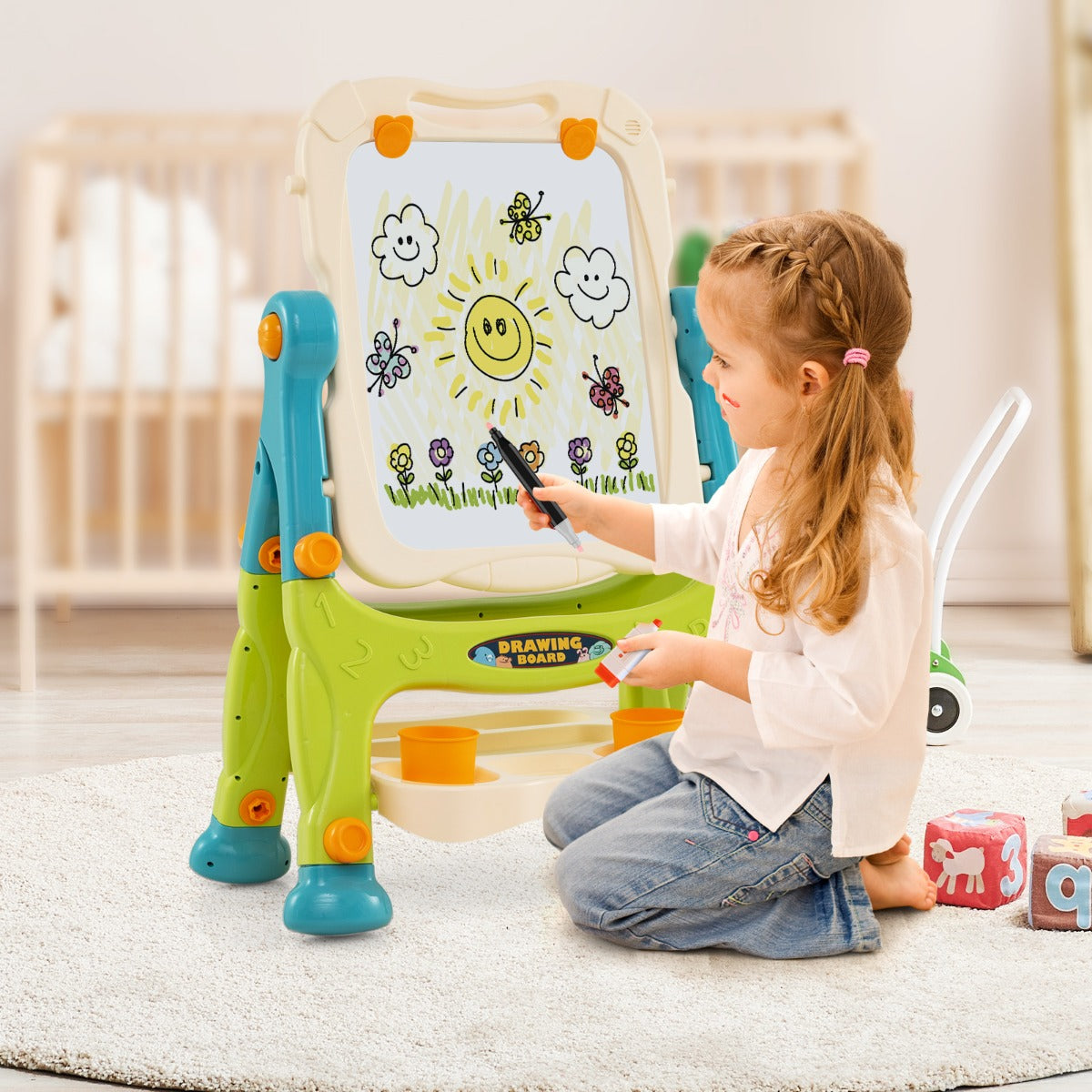 Caballete de Pie para Niños Caballete de Arte Ajustable en Altura con Pizarra Blanca Magnética Tablero de Dibujo Desmontable Verde