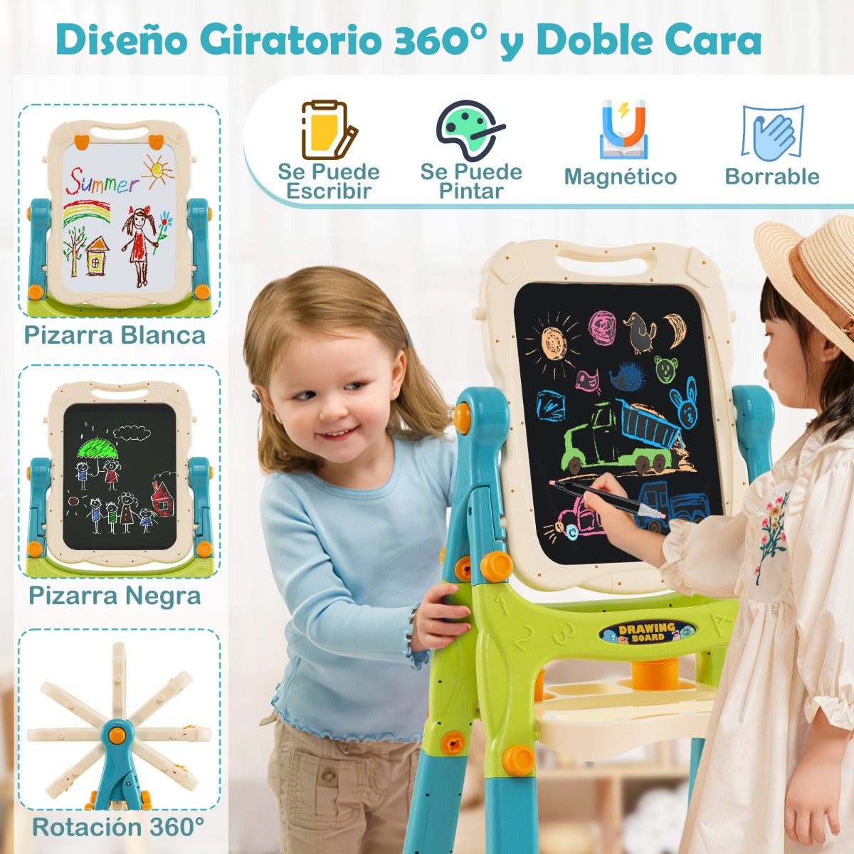 Caballete de Pie para Niños Caballete de Arte Ajustable en Altura con Pizarra Blanca Magnética Tablero de Dibujo Desmontable Verde
