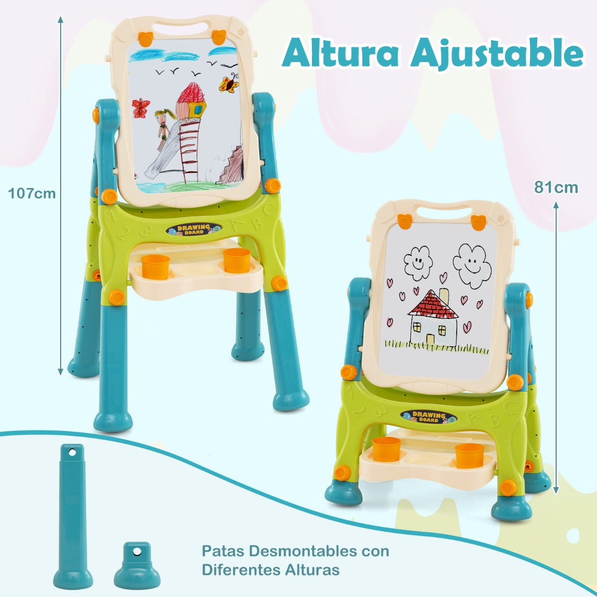 Caballete de Pie para Niños Caballete de Arte Ajustable en Altura con Pizarra Blanca Magnética Tablero de Dibujo Desmontable Verde