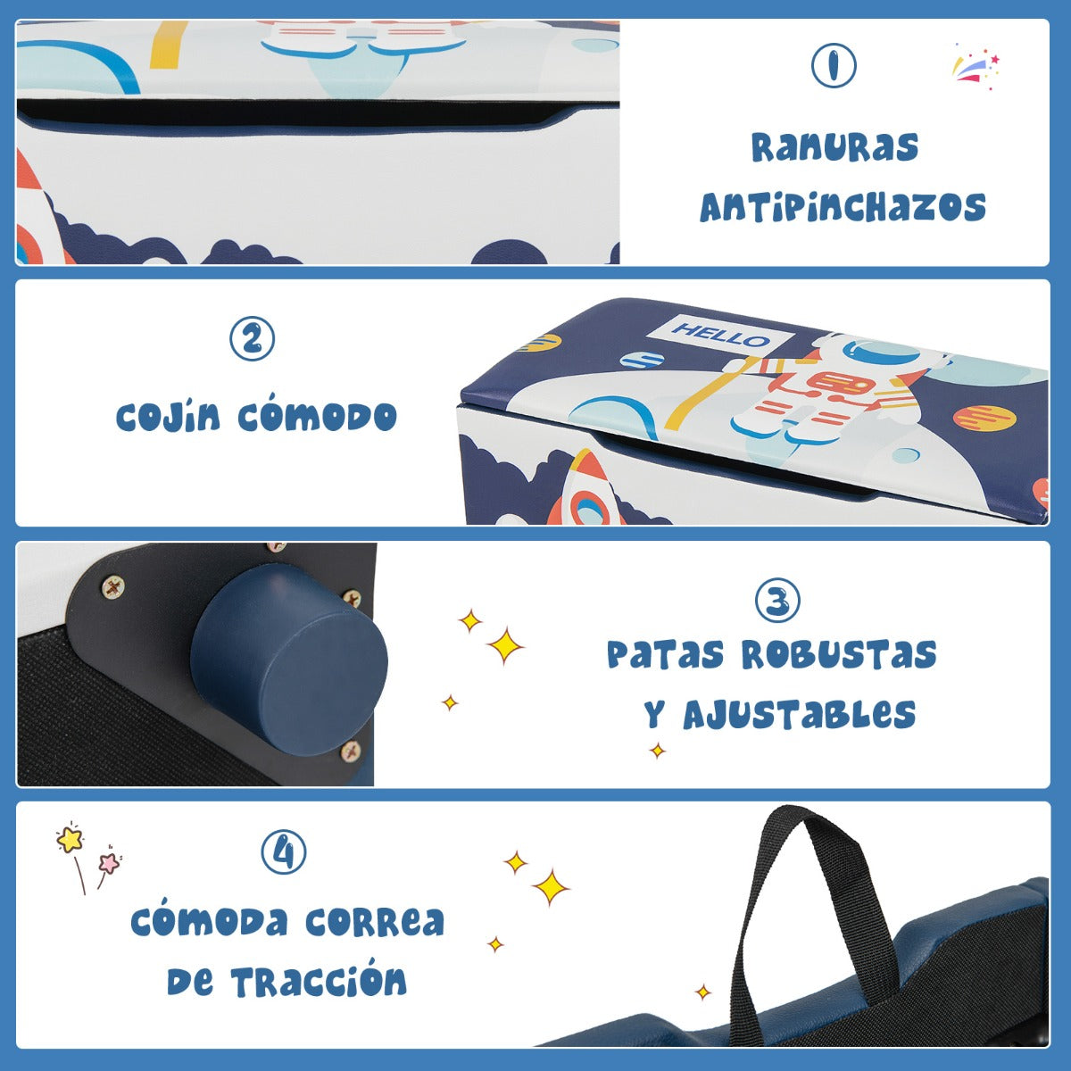 Cajón de Almacenamiento de Juguetes Tapizado Organizador Infantil con Tapa Extraíble 75 x 36 x 38 cm Azul y Blanco