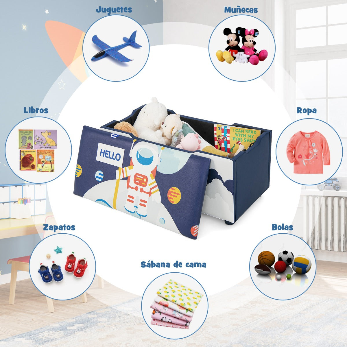 Cajón de Almacenamiento de Juguetes Tapizado Organizador Infantil con Tapa Extraíble 75 x 36 x 38 cm Azul y Blanco
