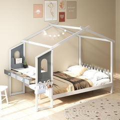 Cama Casa Doble con Escritorio Cama Plataforma de Madera con Cabecero Base de Colchón con 18 Listones No Necesita Somier 200 x 140 cm Blanco