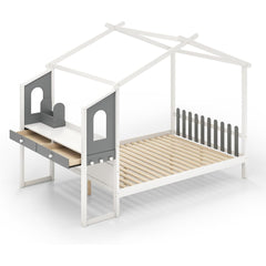 Cama Casa Doble con Escritorio Cama Plataforma de Madera con Cabecero Base de Colchón con 18 Listones No Necesita Somier 200 x 140 cm Blanco