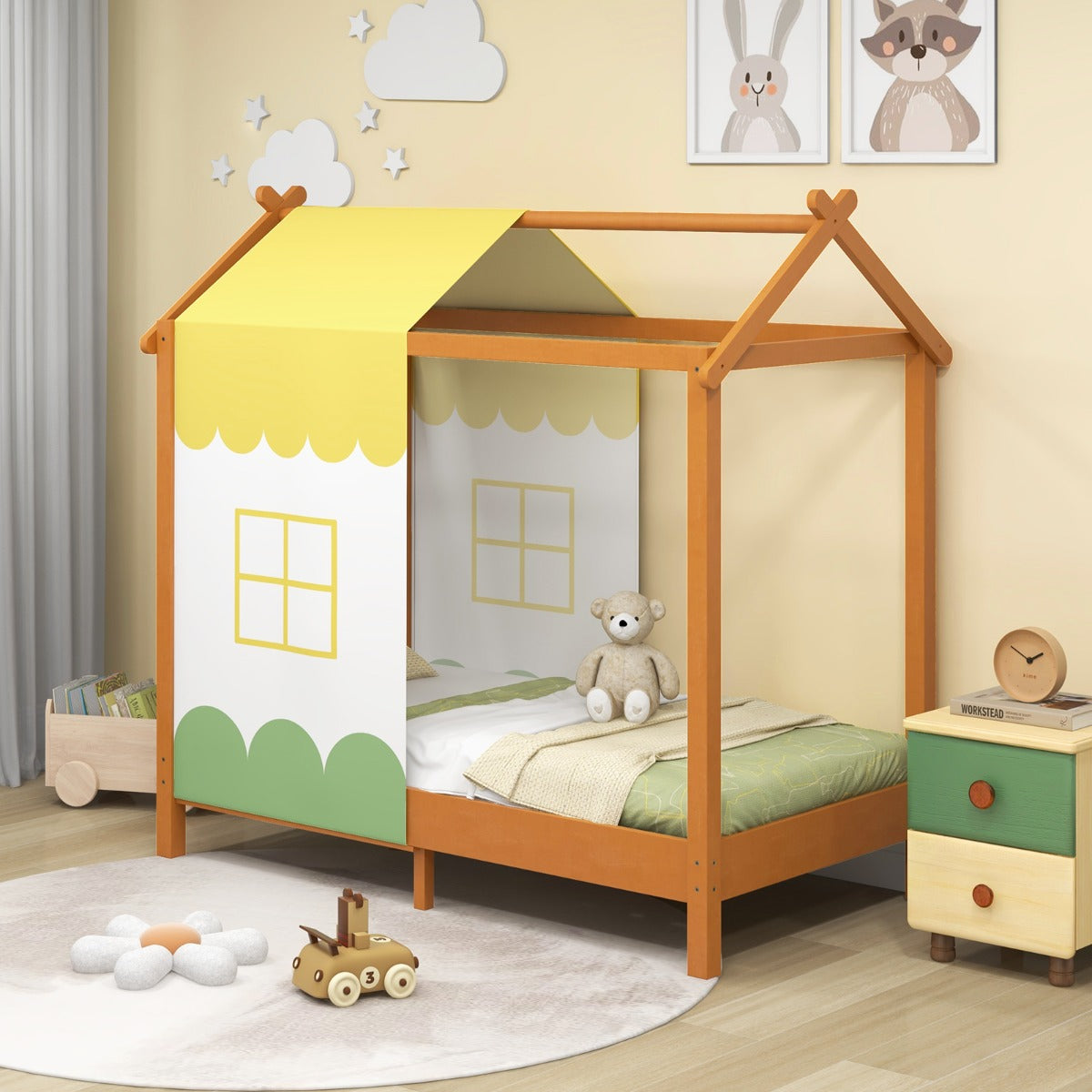 Cama para Niños con Techo Plataforma de Casa de Juegos Dosel Extraíble 12 Listones de Madera Maciza para Fiesta de Pijamas 70 x 140 cm