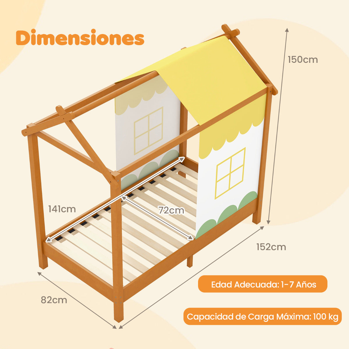 Cama para Niños con Techo Plataforma de Casa de Juegos Dosel Extraíble 12 Listones de Madera Maciza para Fiesta de Pijamas 70 x 140 cm