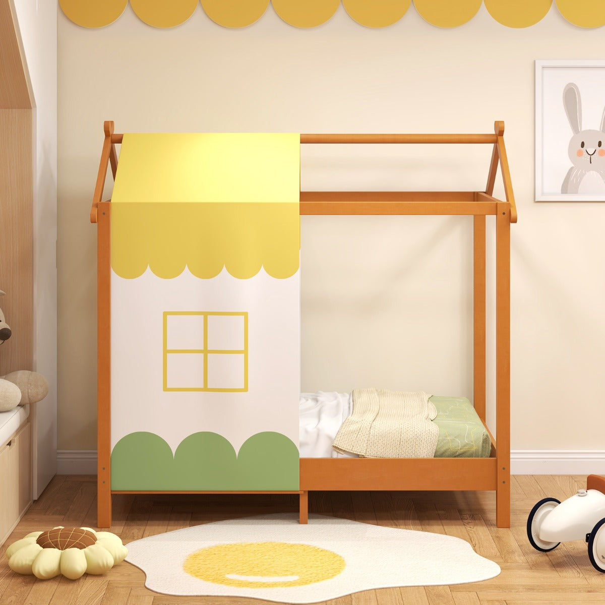 Cama para Niños con Techo Plataforma de Casa de Juegos Dosel Extraíble 12 Listones de Madera Maciza para Fiesta de Pijamas 70 x 140 cm