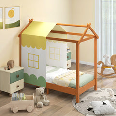 Cama para Niños con Techo Plataforma de Casa de Juegos Dosel Extraíble 12 Listones de Madera Maciza para Fiesta de Pijamas 70 x 140 cm