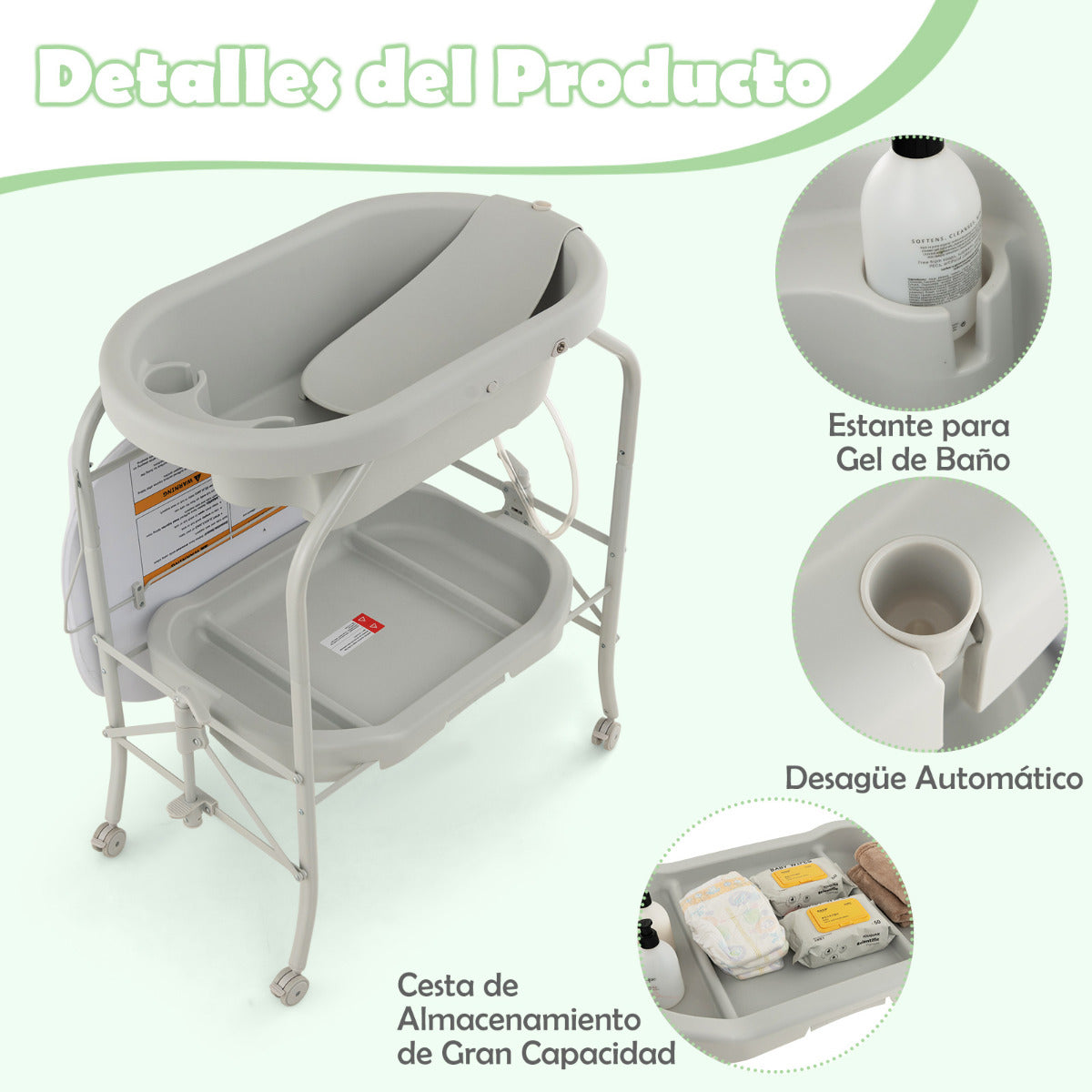 Cambiador de Bebés con Bañera Estación Portátil de Pañales Plegable Cojín PVC Bandeja de Almacenamiento con 4 Ruedas Universales Gris Claro