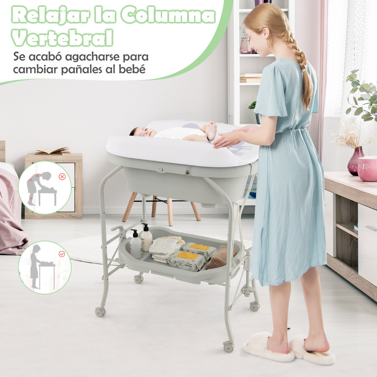 Cambiador de Bebés con Bañera Estación Portátil de Pañales Plegable Cojín PVC Bandeja de Almacenamiento con 4 Ruedas Universales Gris Claro