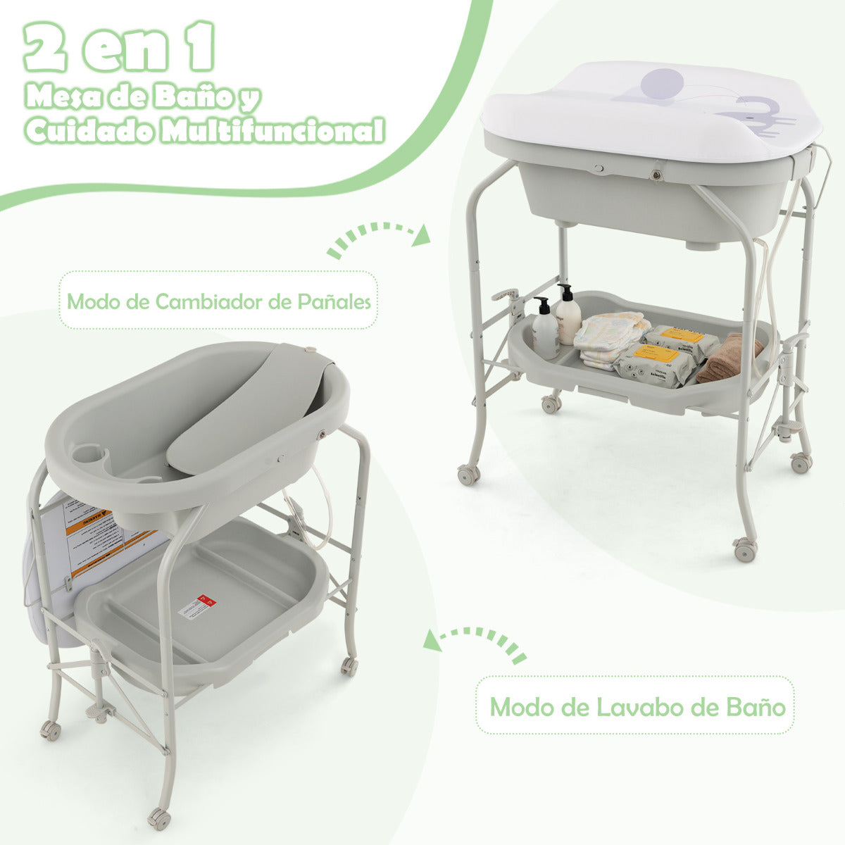 Cambiador de Bebés con Bañera Estación Portátil de Pañales Plegable Cojín PVC Bandeja de Almacenamiento con 4 Ruedas Universales Gris Claro