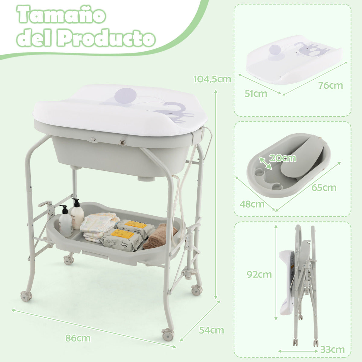 Cambiador de Bebés con Bañera Estación Portátil de Pañales Plegable Cojín PVC Bandeja de Almacenamiento con 4 Ruedas Universales Gris Claro