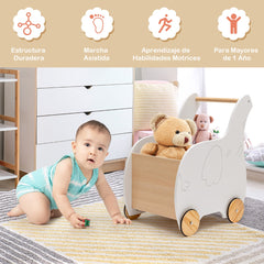 Carro de Compra de Madera Infantil Andador de Empujes con Cajón para Juguetes Juego Educativo para Niños 1-3 Años 32 x 48 x 56 cm Blanco