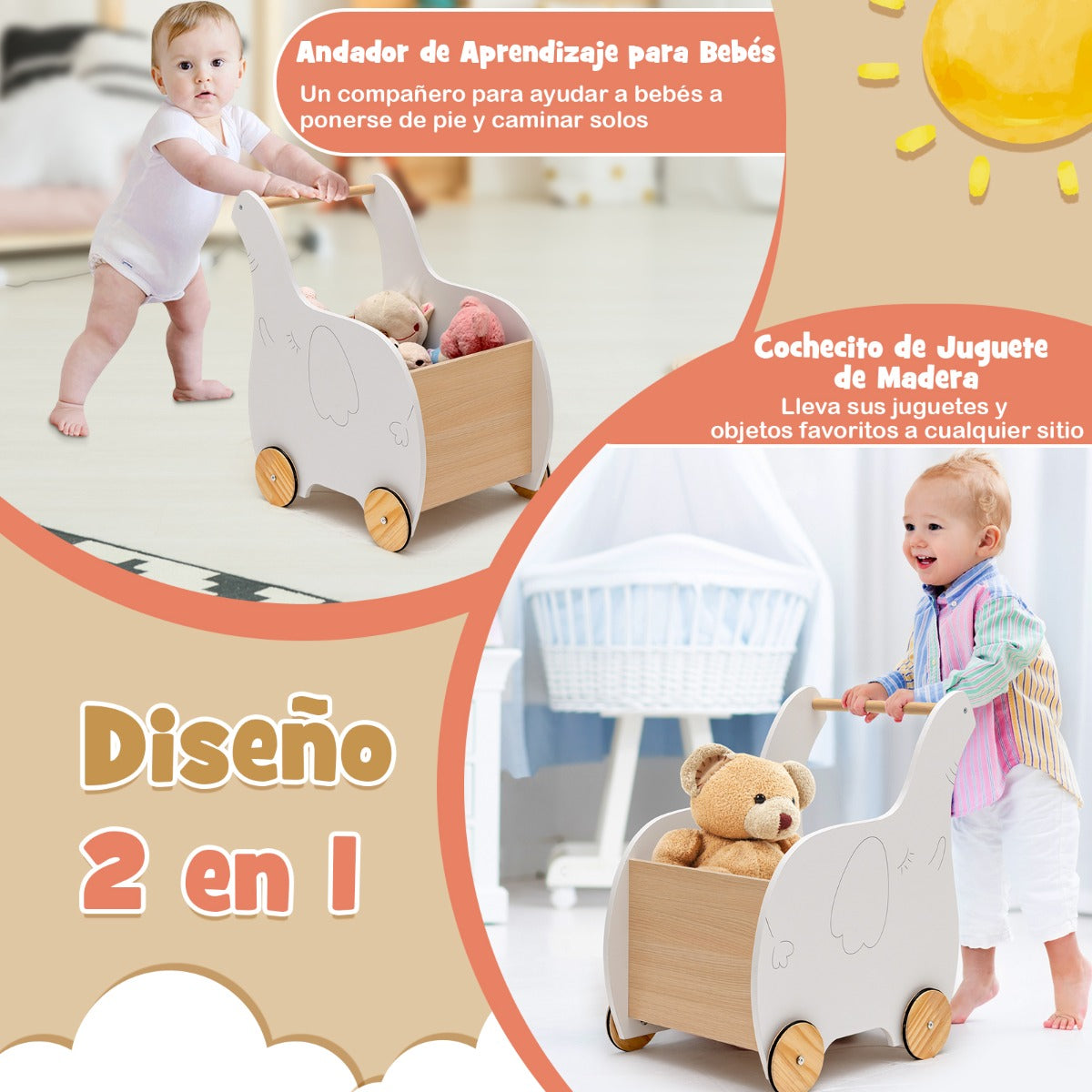 Carro de Compra de Madera Infantil Andador de Empujes con Cajón para Juguetes Juego Educativo para Niños 1-3 Años 32 x 48 x 56 cm Blanco