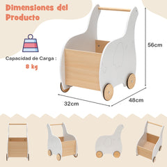 Carro de Compra de Madera Infantil Andador de Empujes con Cajón para Juguetes Juego Educativo para Niños 1-3 Años 32 x 48 x 56 cm Blanco