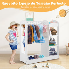Centro de Vestir para Niños con Espejo Perchero de Ropa Armario de Almacenamiento de Juguetes y Disfraces 93,5 x 38 x 100 cm Blanco