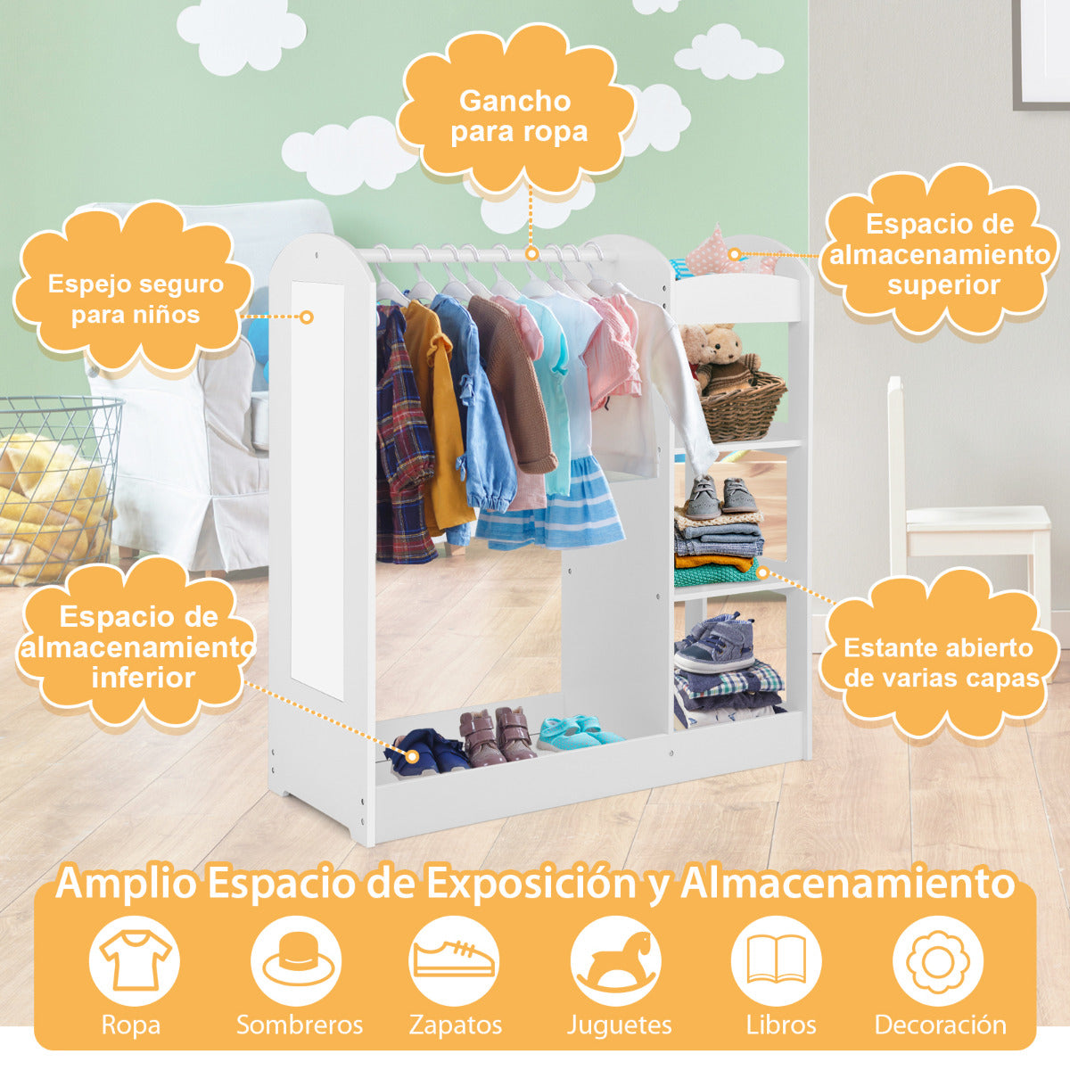 Centro de Vestir para Niños con Espejo Perchero de Ropa Armario de Almacenamiento de Juguetes y Disfraces 93,5 x 38 x 100 cm Blanco