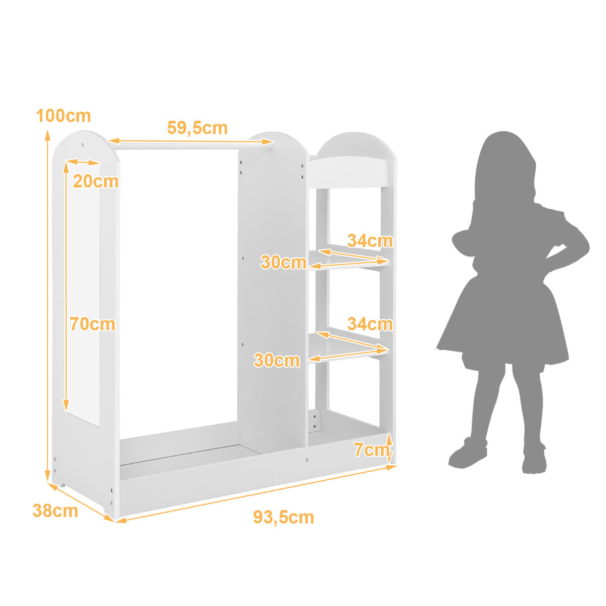 Centro de Vestir para Niños con Espejo Perchero de Ropa Armario de Almacenamiento de Juguetes y Disfraces 93,5 x 38 x 100 cm Blanco