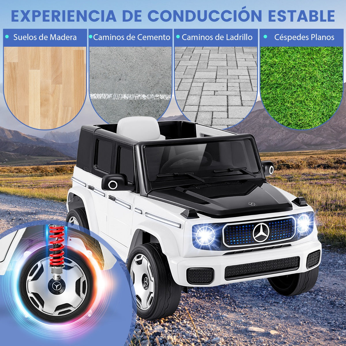 Coche Eléctrico para Niños con Licencia Mercedes-Benz 4WD de 12V 9AH con Control Remoto Batería Extraíble Luces LED Música Bocina Blanco