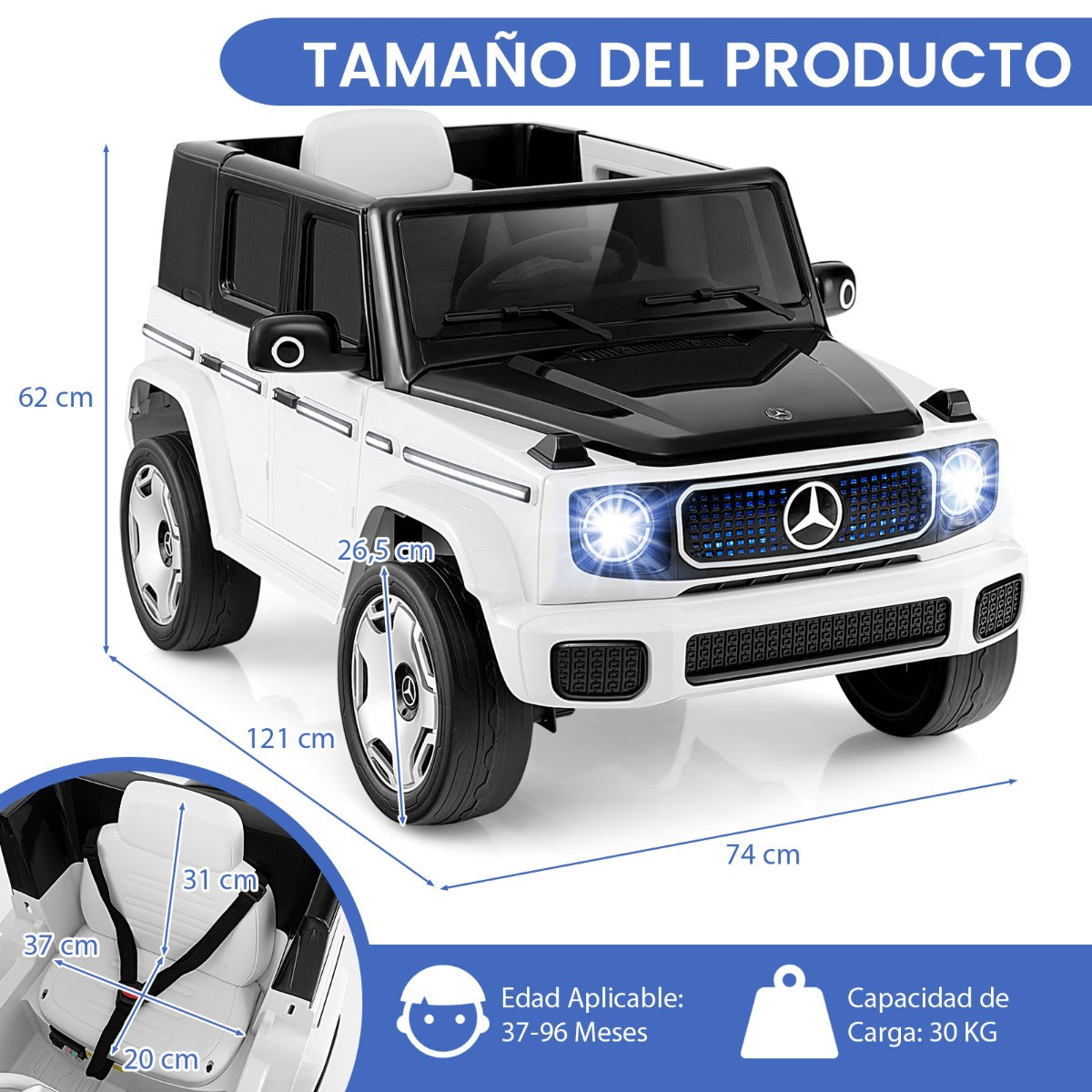 Coche Eléctrico para Niños con Licencia Mercedes-Benz 4WD de 12V 9AH con Control Remoto Batería Extraíble Luces LED Música Bocina Blanco