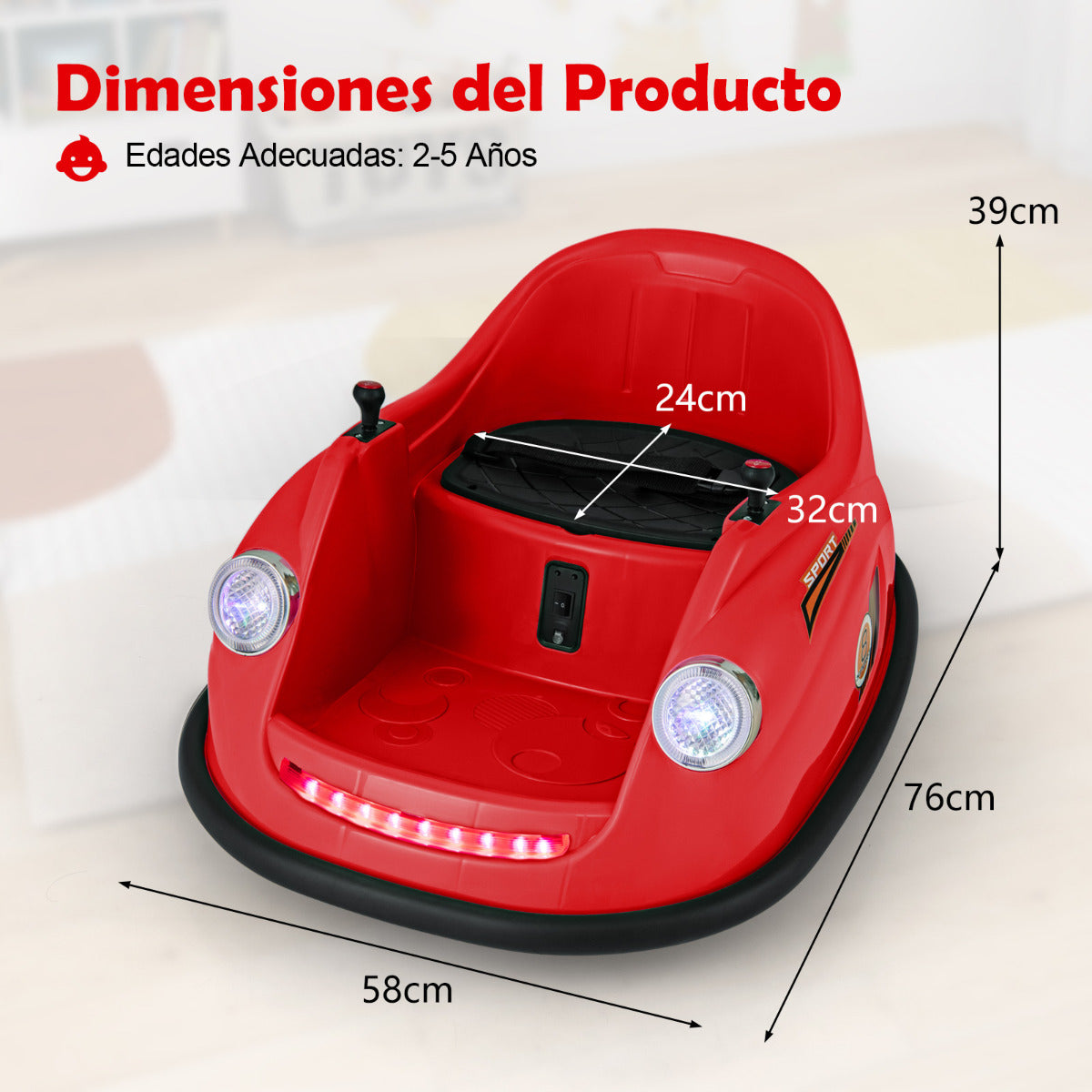 Coche de Choque Eléctrico para Niños de 12V con Control Remoto Luces LED Música Giro de 360° Juguete para Bebés Niños de 2-5 Años Rojo