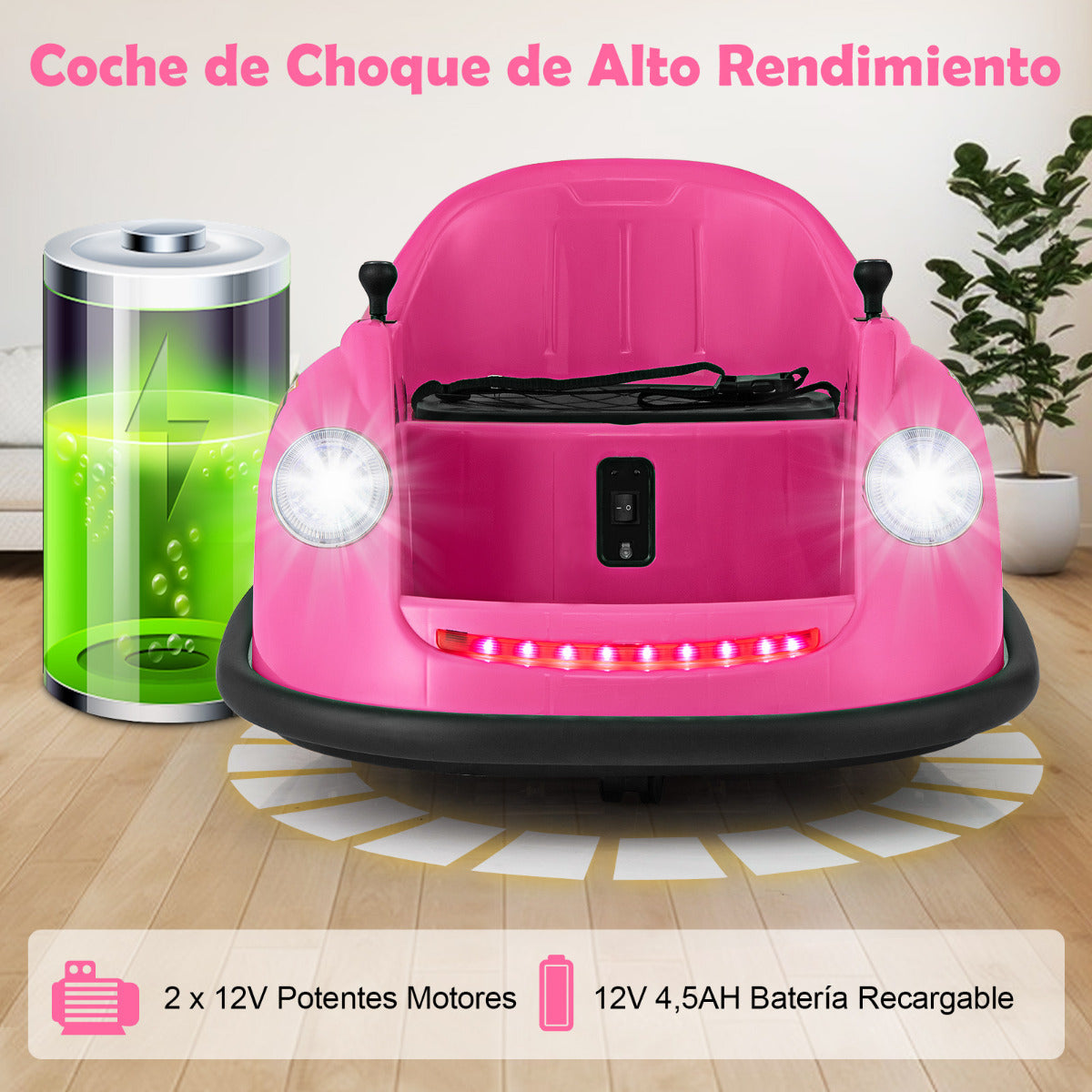 Coche de Choque Eléctrico para Niños de 12V con Control Remoto Luces LED Música Giro de 360° Juguete para Bebés Niños de 2-5 Años Rosa