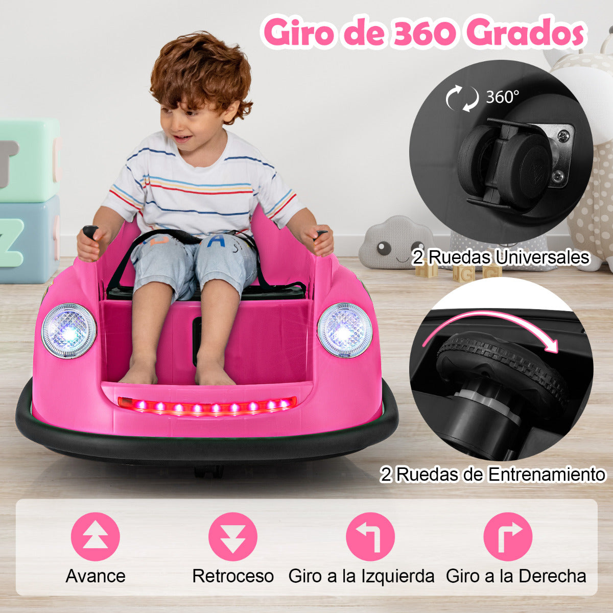 Coche de Choque Eléctrico para Niños de 12V con Control Remoto Luces LED Música Giro de 360° Juguete para Bebés Niños de 2-5 Años Rosa