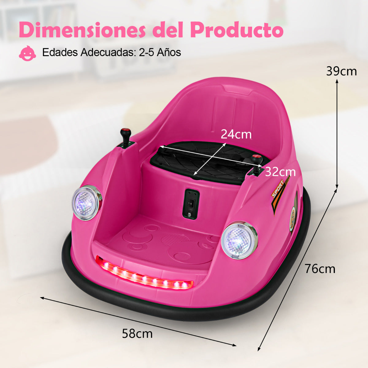 Coche de Choque Eléctrico para Niños de 12V con Control Remoto Luces LED Música Giro de 360° Juguete para Bebés Niños de 2-5 Años Rosa