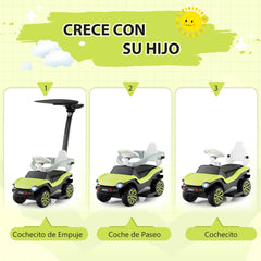 3 en 1 Correpasillo para Niños Volkswagen Coche de Empuje Carriola con Manillar Ajustable en 3 Posiciones Toldo Solar 96x40x93cm Verde